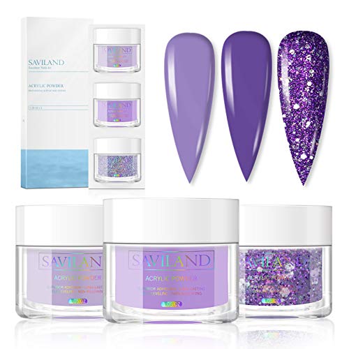 Saviland Acrylic Powder Set - Acrylic Nail Powder 3 Color Purple Glitter Professional Polymer Powder System for Nail Extension and Decoration 3D Manicure at Home Salon