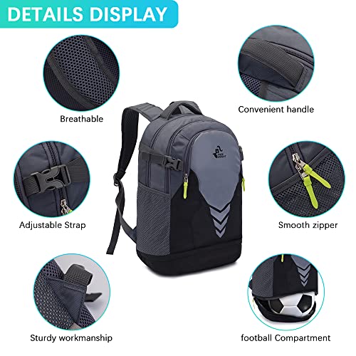 35L Basketball Backpack with Bottom Ball Compartment Large Capacity Sports Equipment Bag for Youth Boys Girls Fit Basketball Volleyball Football Soccer Ball, Gym, Outdoor, Travel, Team (Black Gray) - Image 3