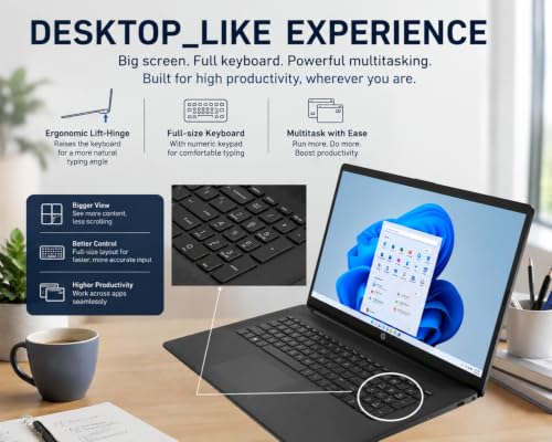 Image of HP 17.3 inch HD+ Laptop for Home Office & Remote Work, 10-Core Intel Core 5 120U(>Core i7-1355U), 16GB RAM, 256GB PCIe SSD, Numeric Keypad, Windows 11, Large Screen Laptops for Productivity
