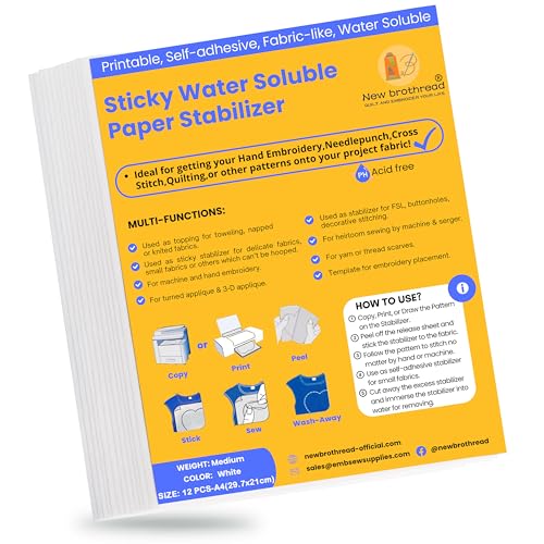 New brothread 12PCS A4 (29.7x21cm) Estabilizador de bordado Autoadhesivo soluble en agua Papel de bordar imprimible - Peso Medio - Adecuado para imprimir o dibujar patrones, bordar a mano y a máquina