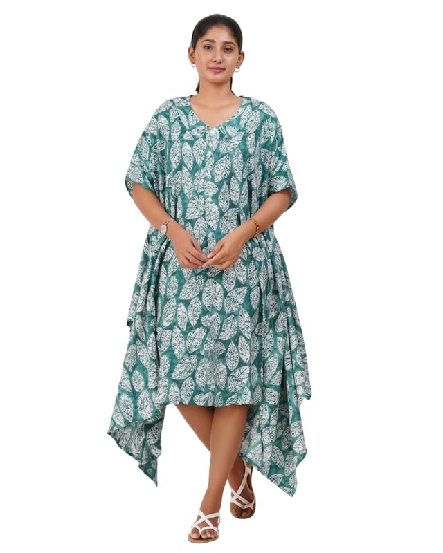 Image of MENMAII Women's Cotton Designer Dress|Fits up to 3XL| Front Open Button Down | Asymmetrical Hem | Chelsea Collar | Drop Shoulder | Flowy Loose Fit | Knee Length | Free Size [Pink Leaf]