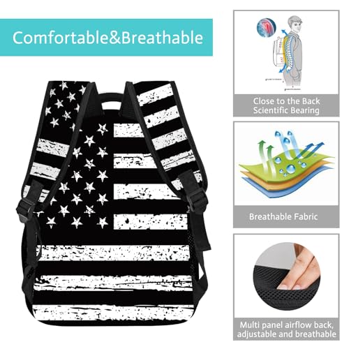 GNEW American Flag Backpack Old School Black and White Flag Backpack for Kids, Patriotic USA School Bag for Boys Girls, Elementary Middle High School Bags Travel Backpack,16.5 Inch3