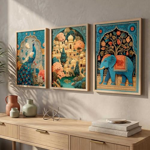 Image of kotart Madhubani Art Wall Painting Traditional Home Decoration With Frame For Living Room Bed Room Hotel Wall Decor Digital Reprint Set of 3 (10X13 INCH)