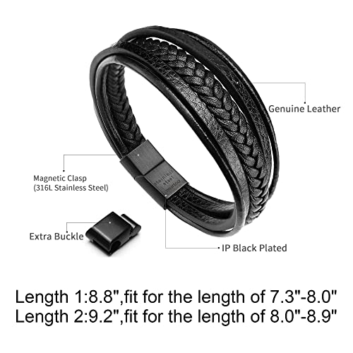Murtoo Mens Leather Bracelet with Magnetic Clasp Cowhide Multi-Layer Braided Leather Mens Bracelet (Black New, 21.0) - Image 3