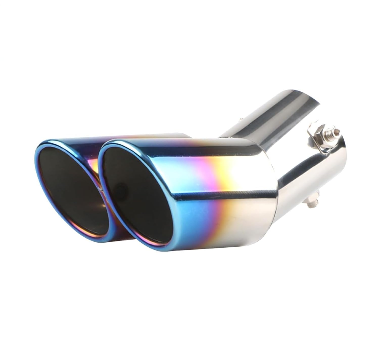 AutoBizarre Stainless Steel Burnt Blue Holographic Blue Round Shaped Dual Pipe Car Exhaust Tail Muffler Tip Car End Pipe Exhaust Show Pipe Universal for All Cars (Round Sloped Dual Pipe Curved Bent)