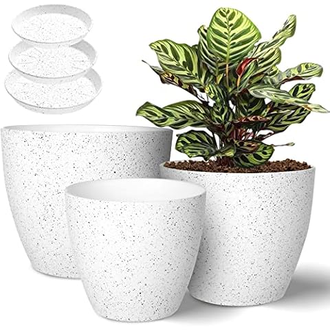 Vanavazon Plant Pots 9/8/7 Inch Set of 3 Flower Pots Indoor Outdoor Plastic Planters with Drainage Hole and Tray (Speckled White) Cover