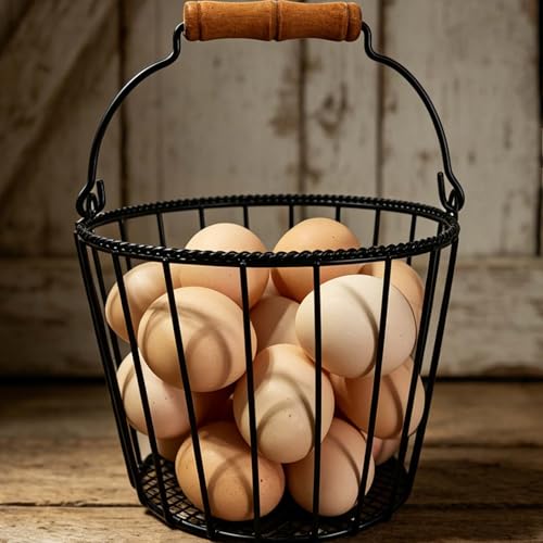 TAIANLE. Cesta de huevos de alambre con mango de madera, cesta rústica de recolección de huevos negros para recoger huevos frescos para encimera de cocina, gallinero, caza de huevos de Pascua