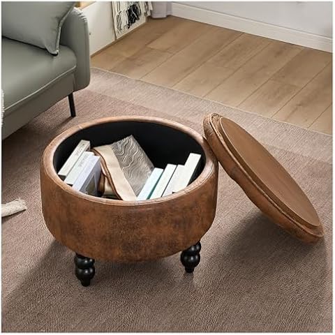 adochr PU Leather Round Ottoman with Storage, Upholstered Tufted Storage Footstool, Modern Wooden Coffee Table for Living Room, Bedroom,Light Brown(PU) Cover