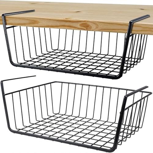 Roysmart 2 Pack Under Shelf Storage Basket Hanging Metal Basket Wire Storage Basket for Kitchen Office Pantry Bathroom Cabinet (Black)