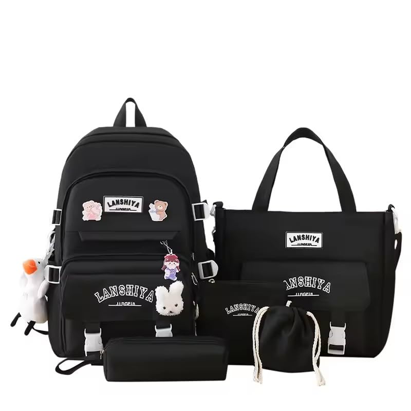 Conjunto de Mochila Escolar 5 Peças, Estilo Kawaii Coreano, Mochila Grande Capacidade com Pingentes, Kit Estudantil (Preto)