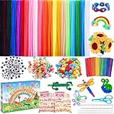 Complete Pipe Cleaners Craft Kit: Includes 400 pipe cleaners in 20 vibrant colors, plus 100 googly eyes, 100 pony beads, 50 wooden popsicle sticks, 100 pompoms, 2 hot melt glue sticks, 1 scissors, 1 ruler, an instruction guide with 20 projects, and a...