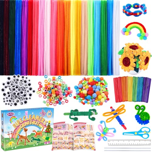 Funtopia 750pcs Pipe Cleaners Arts and Crafts Supplies for Kids, 20 Colors Chenille Stems with Craft Sticks & Pom Poms, DIY School Projects with 20 Simple Patterns Manual for Kids Ages 4 5 6 8 12