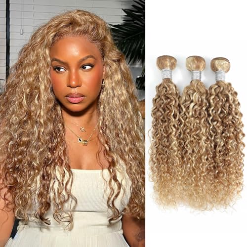 AUROO 27/613 Highlighted Multi-Blonde Bundles Human Hair Water Wave, 13A