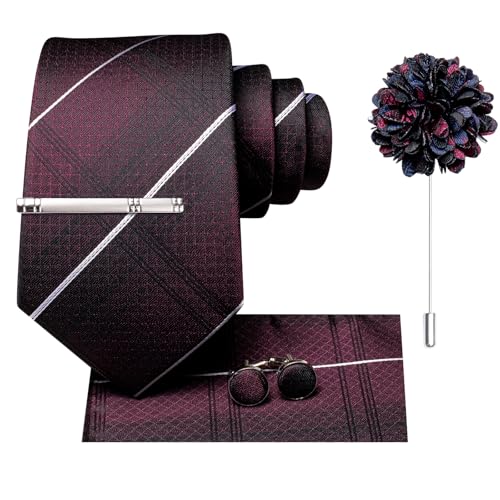 Image of Hi-Tie Mens Paisley Floral Striped Ties Set Silk Necktie and Lapel Pin for Men Pocket Square Cufflinks Set Business Wedding