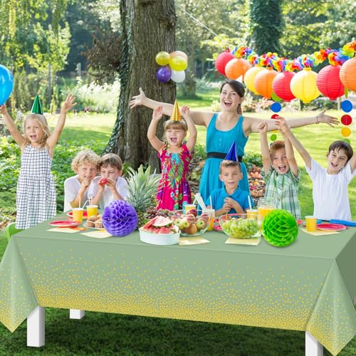 Image of 6 Pack Sage Green and Gold Plastic Tablecloth, Green Disposable Table Cloth for Rectangle Tables, Gold Stamping Dot Light Green Tablecloth for Baby Shower Birthday Wedding Party Decorations, 54 inchx108 inch