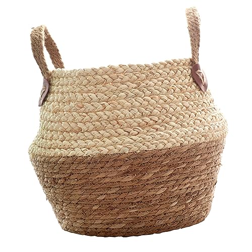 OUNONA Handmade Straw Flower Basket Large Plant Basket Wicker Handles Storage Decor Hand-woven Rustic