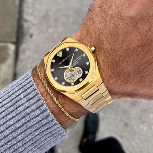 Image of PIERRE RICHARDSON PR5922 Men's Watch, Black Dial, 24K Pure Gold Plated, Automatic, Sapphire Glass, 41mm, 10ATM