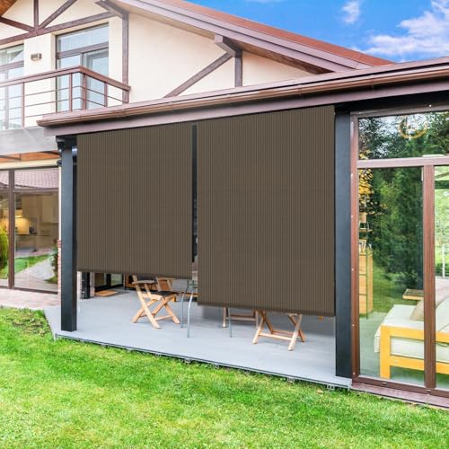 ECOOPTS Outdoor Roller Shade, Roll Up Shade Blind for Patio, Porch, Back Yard, Gazebo, Deck, Balcony (8'W x 8'L, Brown)