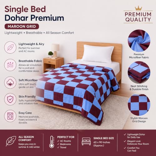 Image of Single Bed Dohar Premium Maroon Grid | Lightweight Summer Quilt | Soft Microfiber AC Blanket | Breathable All Season Comforter | Skin Friendly Bed Cover