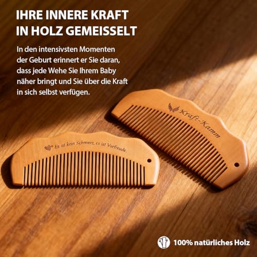 Gzxhsy Geburtskamm Wehenkamm Holzkamm | Natürliche Schmerz- & Angstlinderung unter der Geburt | Geschenk für Schwangere | Mit Handschlaufe, Filztasche & Motivationskarte