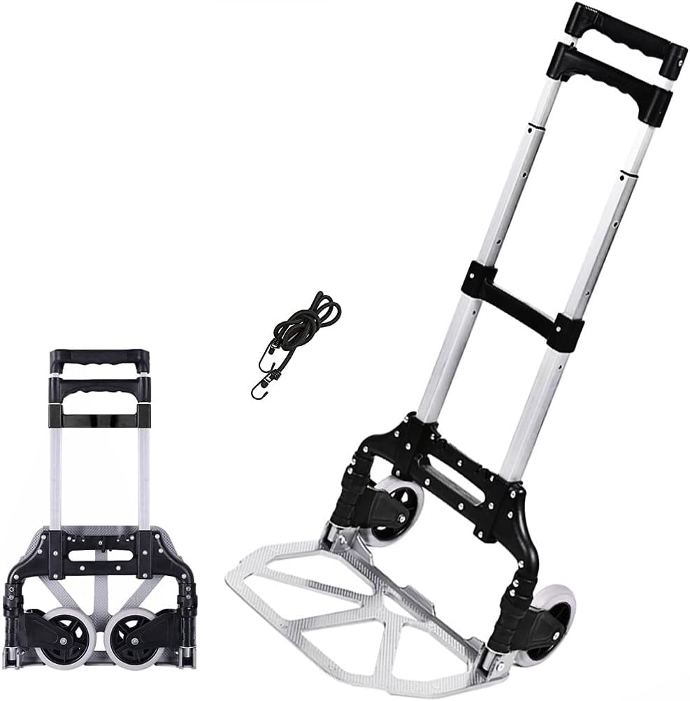 Handkarre klappbare Sackkarre Aluminium Trolley Faltbare Cart mit Teleskopgriff, 2 Gummirädern & Bungee-Seil für Gepäck, Reisen, Auto, Umzug, Airport, Einkaufen und Büro