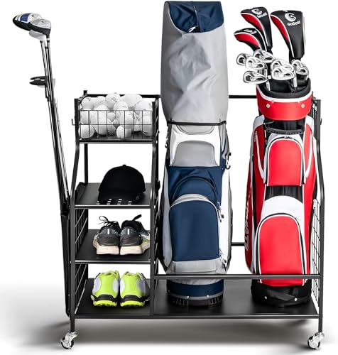 GYMAX Golf Storage Rack Extra Large Golf Bag Stand Storage Rack with Lockable Universal Wheels and Removable Hooks All-in-1 Golf Garage Organizer for Golf Clubs (95 x 40 x 94cm)