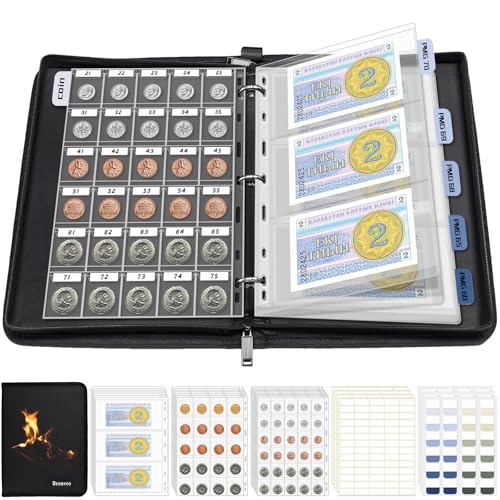 Coin Collection Album Holder for Collectors, 1403 Personalized Collection Labels, 410 Pockets Fireproof Coin Collection Book & 15 Paper Currency Binder Sleeves, Coin Storage Organizer Gifts for Bill