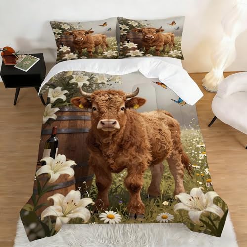 Image of Highland Cow Comforter Set Full Size Wildlife Farmhouse Cow Bedding Sets for Girls Boys Kids Adults Bedroom Decor 3D Kawaii Flower Animal Quilt 1 Comforter 2 Pillowcases