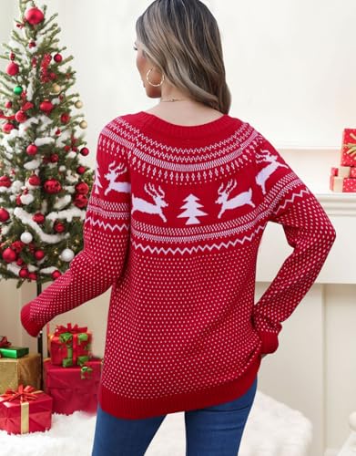 Image of Women's Fair Isle Pullover Sweaters Long Sleeve Crew Neck Loose Casual Christmas Tree Sweater Red X-Large