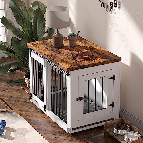 Image of Zakkart Dog Crate Furniture Barn Door for Medium Dogs Up to 40 lbs. - Puppy Kennel w /Thickened Farmhouse Top & Steel Bars - 30'' Wide - White Decorative Modern Dog Crate Table, End Table, Nightstand