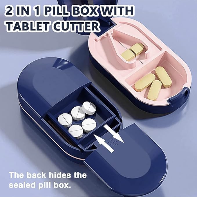 Image of Portable Pill Box Tablets Cutter, Medicine Organizer Box with Pill Cutter for Small and Large Tablets 2 in 1 Pill Storage Organizer with Tablet Cutter for Daily Use, Travel (Blue)