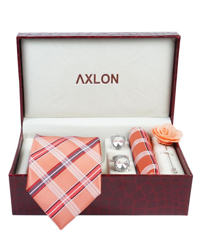 Image of Axlon Tie for Men - Micro Silk Neck Ties Set with Cufflinks Flower Pin, Pocket Square & Black Gift Box, Combo Necktie Sets for Office Wear, Formal Suits & Weddings (0, Checkpn)