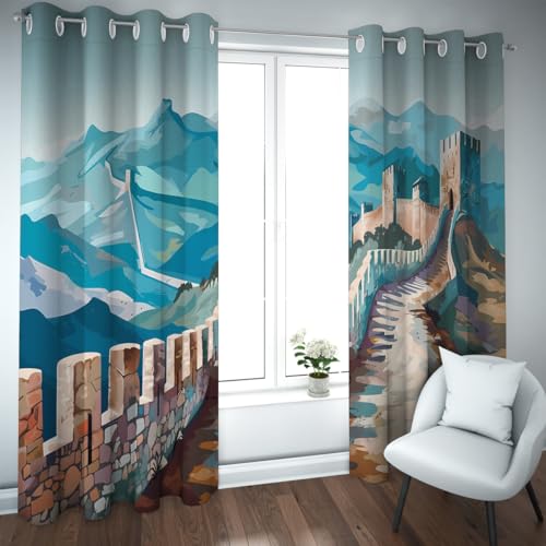 CHERHERART Cortinas Opacas del Gran Muro de China Azul Verde Paisajismo de montaña para el salón Decoración del Dormitorio Topo 2 Paneles 2xB132xH225