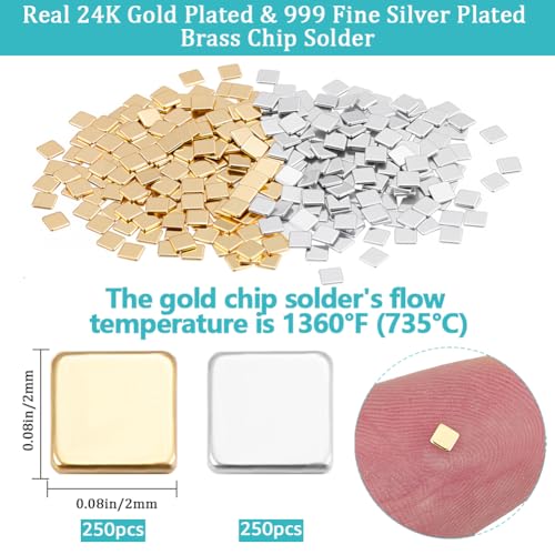 Image of Beebeecraft 1 Box 500Pcs 24K Gold & 999 Fine Sterling Silver Plated Brass Solder for Jewelry Making 2 x 2mm Easy Welding Soldering Precut Chips Tiny Square Low Temp for Jewelry Making Repair
