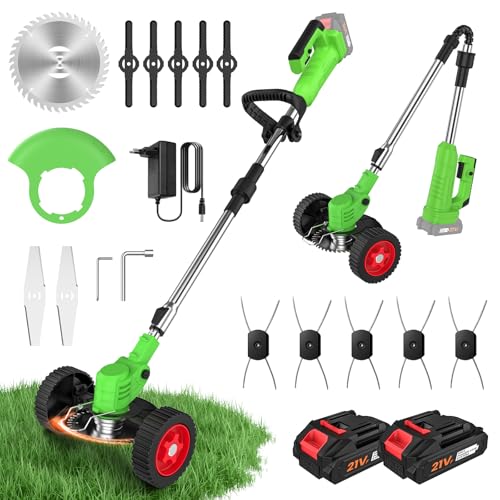 Desbrozadora a Batería Plegable con Ruedas, 800W Cortabordes Eléctrico 4 en 1 con 2 Baterías 21V, Mango Ajustable, Compatible con Makita 18V, Cabezal 90°, Cortacésped Recortadora para Jardín y Maleza