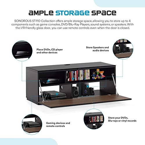 Image of SONOROUS ST-110 Premium TV Stand with Black Glass & Walnut Wood Cover - Modern Entertainment Center & Media Console for Living Room - TV Cabinet up to 65 Inch with Hidden Wheels - Sleek Storage Design