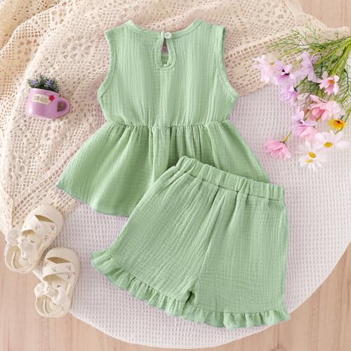 Image of Toddler Girl Clothes Sleeveless Top Shorts 2Pc Summer Outfit 12M-5T | 100% Cotton, Soft breathable, Double crepe fabric, Adorable bow ruffle pocket design, Perfect for daily wear, birthday, party