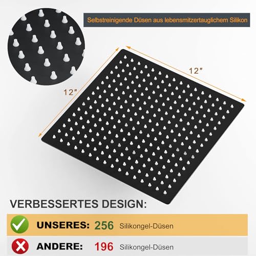 BESy 12 Zoll Regendusche Duschkopf Badezimmer, Kopfbrause Hochdruck Wassersparend Eckig Edelstahl 304 (30x30cm), 1/16 Zoll ultradünn, Wasserfall Duschkopf mit Anti-Kalk-Düsen, Mattschwarz