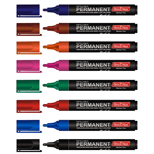 Image of Soni Officemate Permanent Markers | Pack of 8 (Mix) | 4.43 mm Bullet Tip | Refillable | Waterproof, Quick-Dry, Fade-Proof | For Plastic, Glass, Metal & More