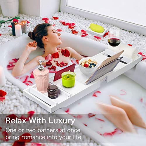 image for Artmalle Luxury Bamboo Bathtub Caddy Tray with Book and Wine Holder,Ba