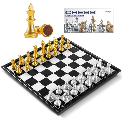 Snocyo Chess Board Set, Magnetic Folding Chess Set, Educational Toys Gifts, Portable Travel Chess Games, Board Games For Kids Adults (Glod/Silver)