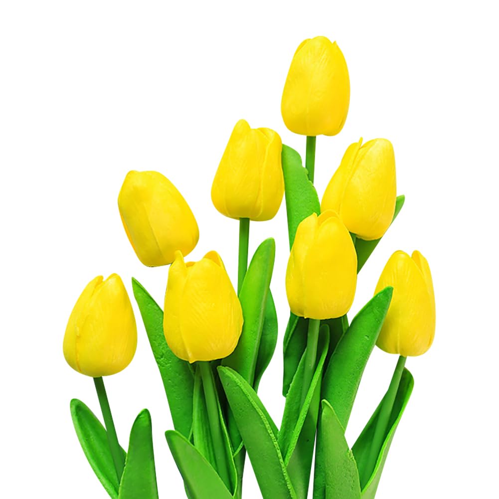 HugeDE 10 Pcs 34cm Artificial Tulips Flowers Faux Realistic Tulips Real Touch Tulips Decorative Fake Tulips Tulips Bouquet Arrangements for Wedding Yellow