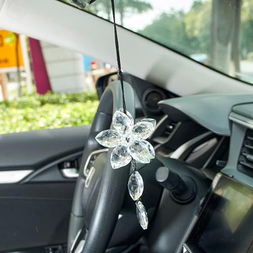Image of Crystal Flower Car Rear View Mirror Hanging Ornament - Sparkles with Rainbows for a Sense of Luck and Happiness Car Interior Accessories (Transparent)