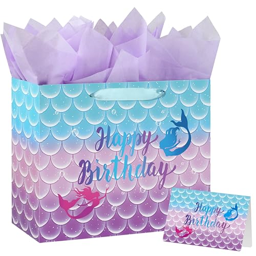 Yusenguan 13 Large Mermaid Happy Birthday Gift Bag with Tissue Paper Greeting Card and Handle for Kids Girls Birthday Party