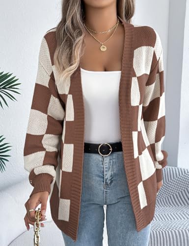 IDEALSANXUN Womens Checkered Cardigan Sweaters Fall Winter Casual Oversized Knit Jacket2