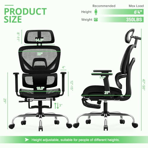 Image of Synorla Ergonomic Office Chair with Footrest, Mesh Desk Chair with 135 Recline, Adjustable Lumbar Support, 3D Armrests and Headrest, Swivel Computer Chair for Home Office