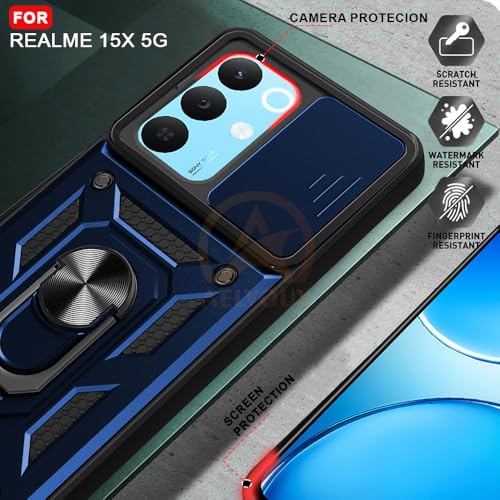 Image of Armor Bumper Back Cover Case for Realme 15X 5G Rotating Camera Cover, Ring Holder & Kickstand | Heavy Duty & 360 Degree Protection Realme 15X 5G Back Cover (Blue)