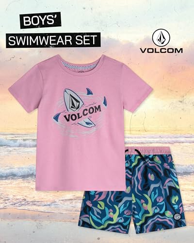 Image of Volcom Baby Boys Swim Set - 2 Piece Short Sleeve Swim Shirt Graphic Tees & Board Shorts - Infant Toddler Little Boys Swimsuit