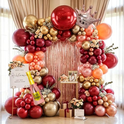 Image of Burgundy Pink Balloon Arch Double Stuffed Dark Red Pink Gold Pearl Balloons Birthday Banner Fringe Curtain Foil Balloons for Birthday Graduation Bridal Wedding Anniversary Party Decoration