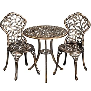 Yaheetech 3 Pieces Garden Furniture Set 2 Chairs & 1 Table Metal Bistro Set Seating Area Garden Set for 2 People, Weatherproof Furniture for Balcony/Terrace/Garden, Bronze